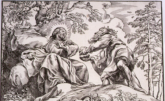 Woodcut on paper of a religious scene of the Temptation of Christ
