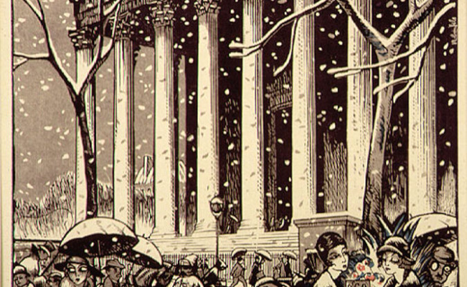 Woodcut on paper with scene of people shielding from weather