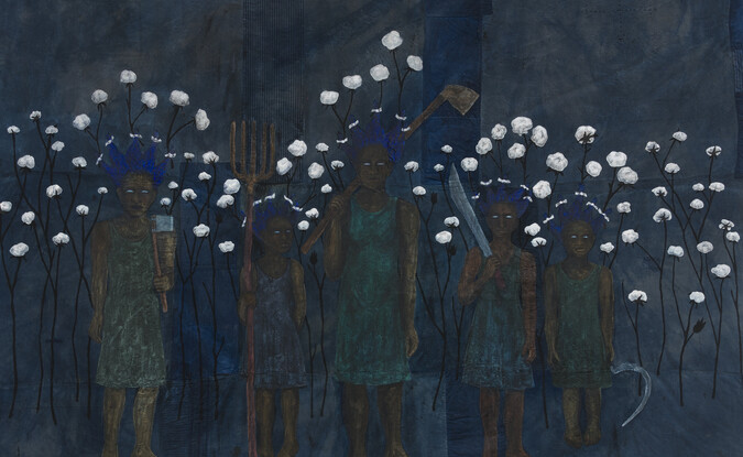 Painting of several figures with elongated hair strands with cotton 