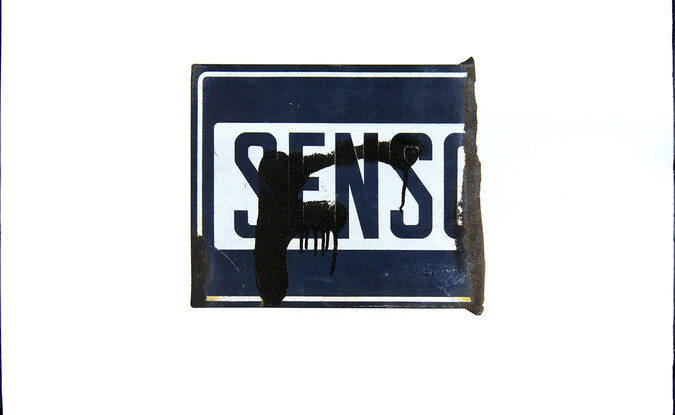 Perdita di senso (Loss of Sense), 1997, offset lithography on paper, 19 ¾ x 27 3/8 in. (50.17 x 69.53 cm.) senso unico = one way (street sign). Pomona College Collection. Gift of the artist.   