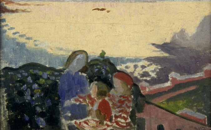 Painting showing 3 figures against landscape backdrop