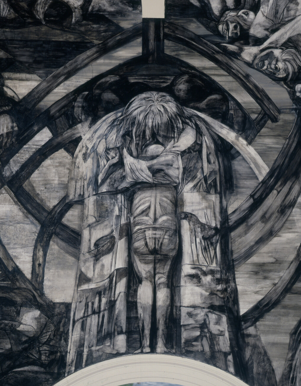 Monochromatic figure of Noah after the flood disheveled with ribs of the ark exposed behind