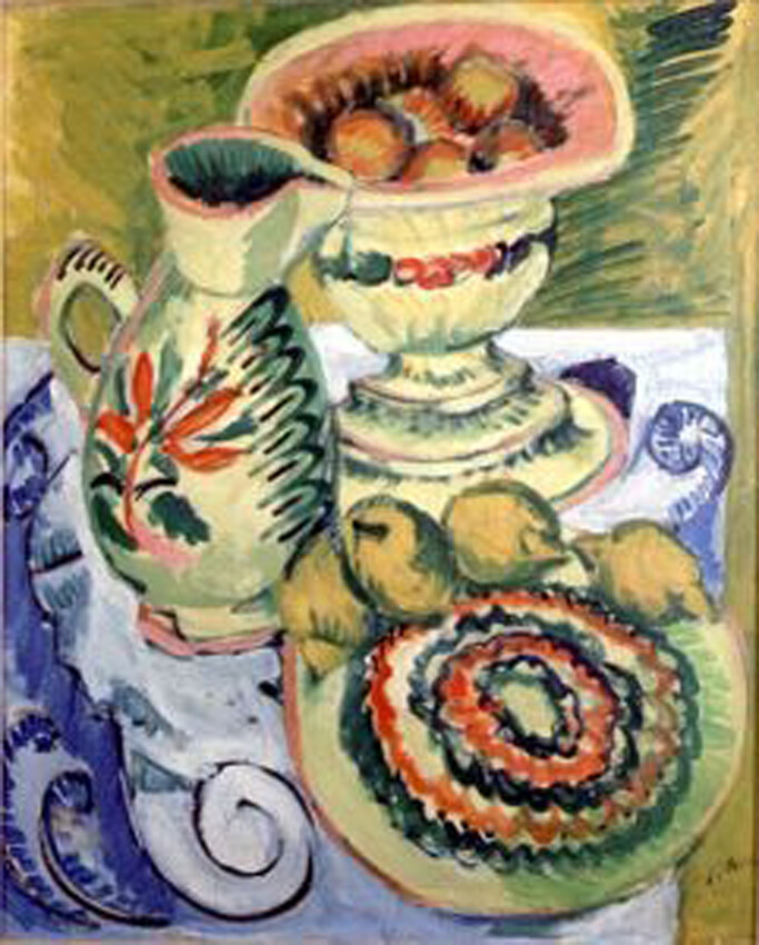 Still life of fruit and pottery