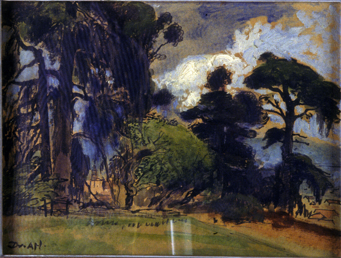Landscape with trees on a mound of grass