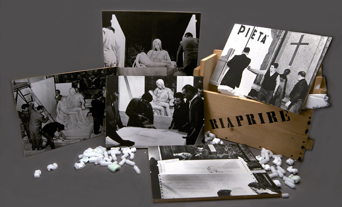 Crate and photographs compiled together