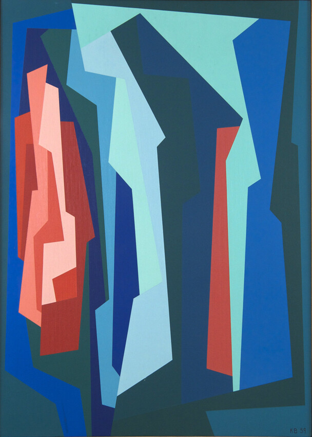 Abstract painting of blues reds on canvas