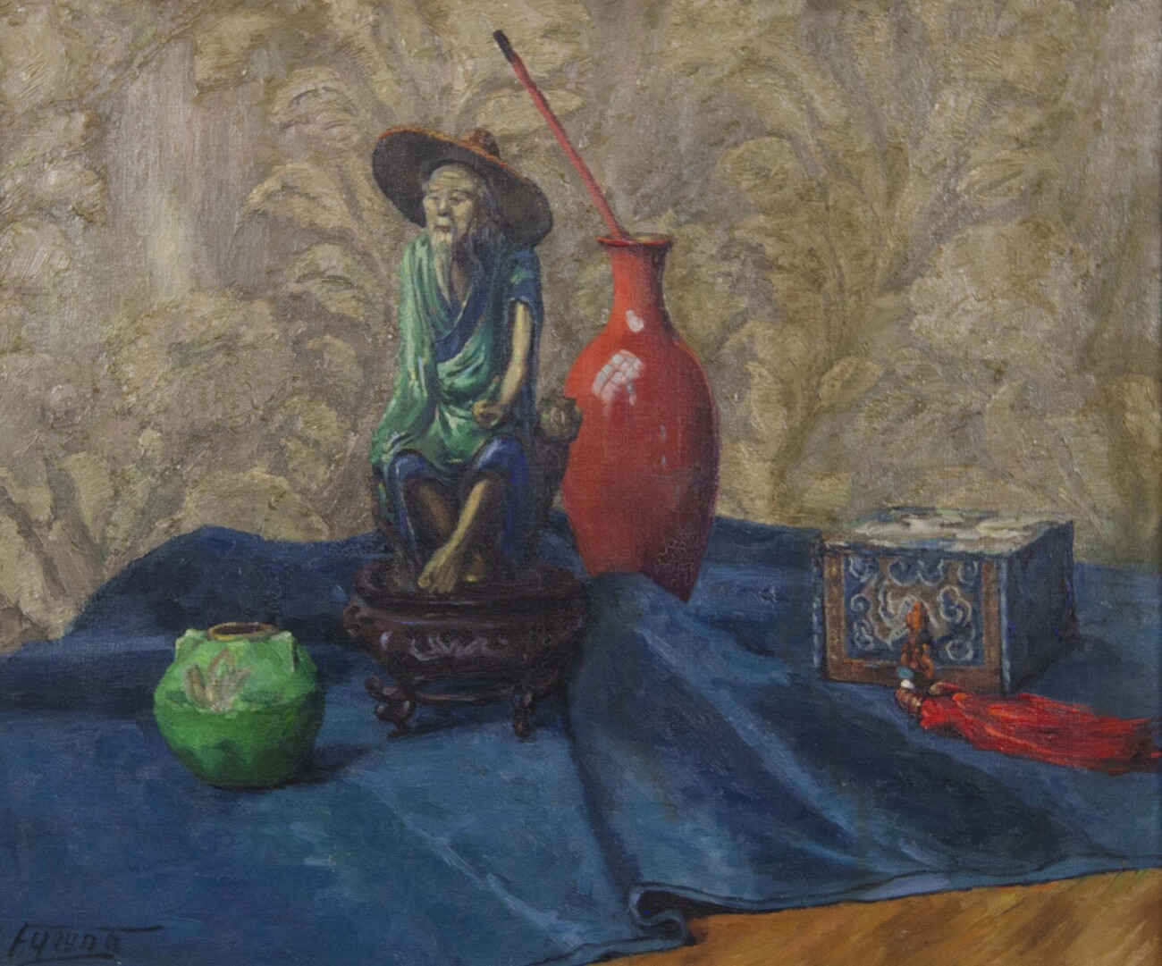 Still life painting showing a person the same size as a giant vase on blue fabric