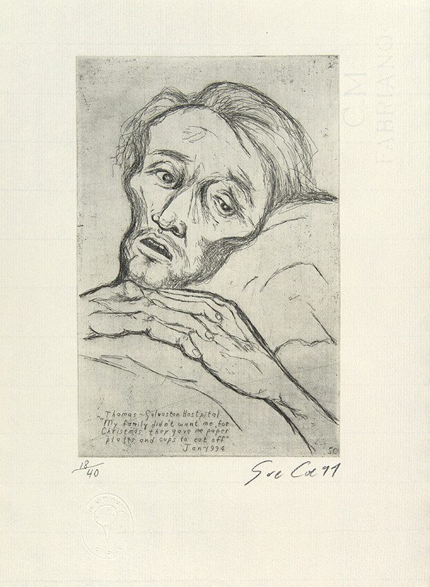 Portrait of a AIDS patient named Thomas with text inscribed signed by artist Sue Coe