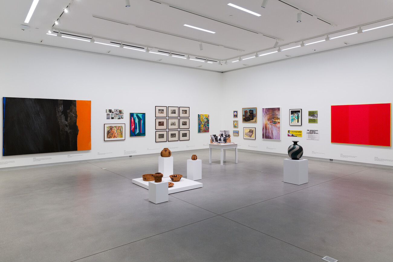 Works of art on pedestals and installed on gallery walls