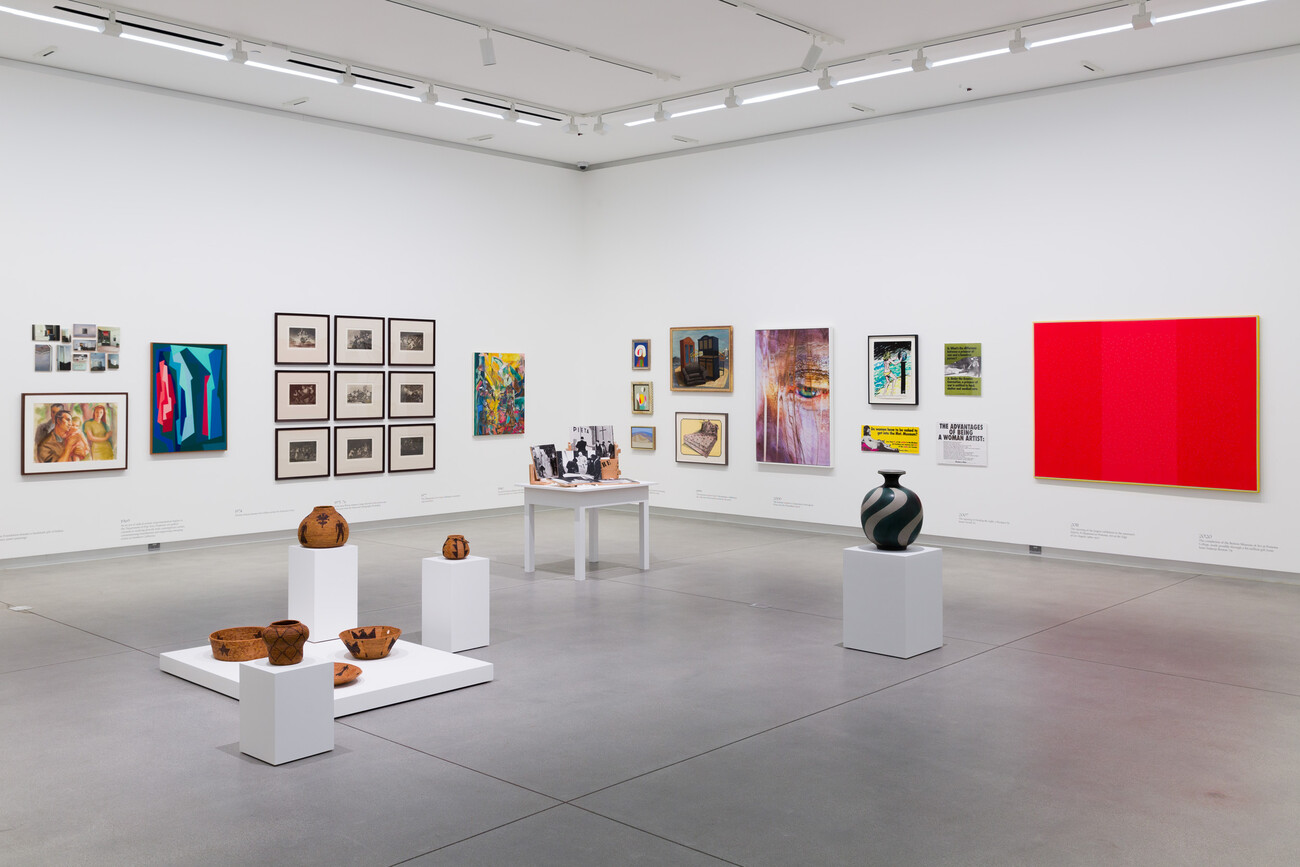 Works of art on pedestals and installed on gallery walls