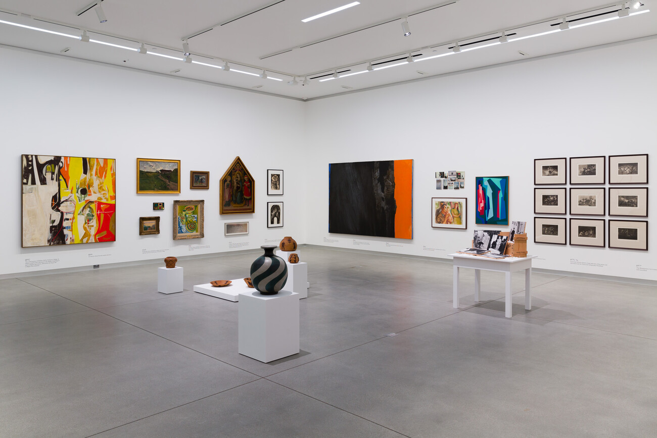 Works of art on pedestals and installed on gallery walls