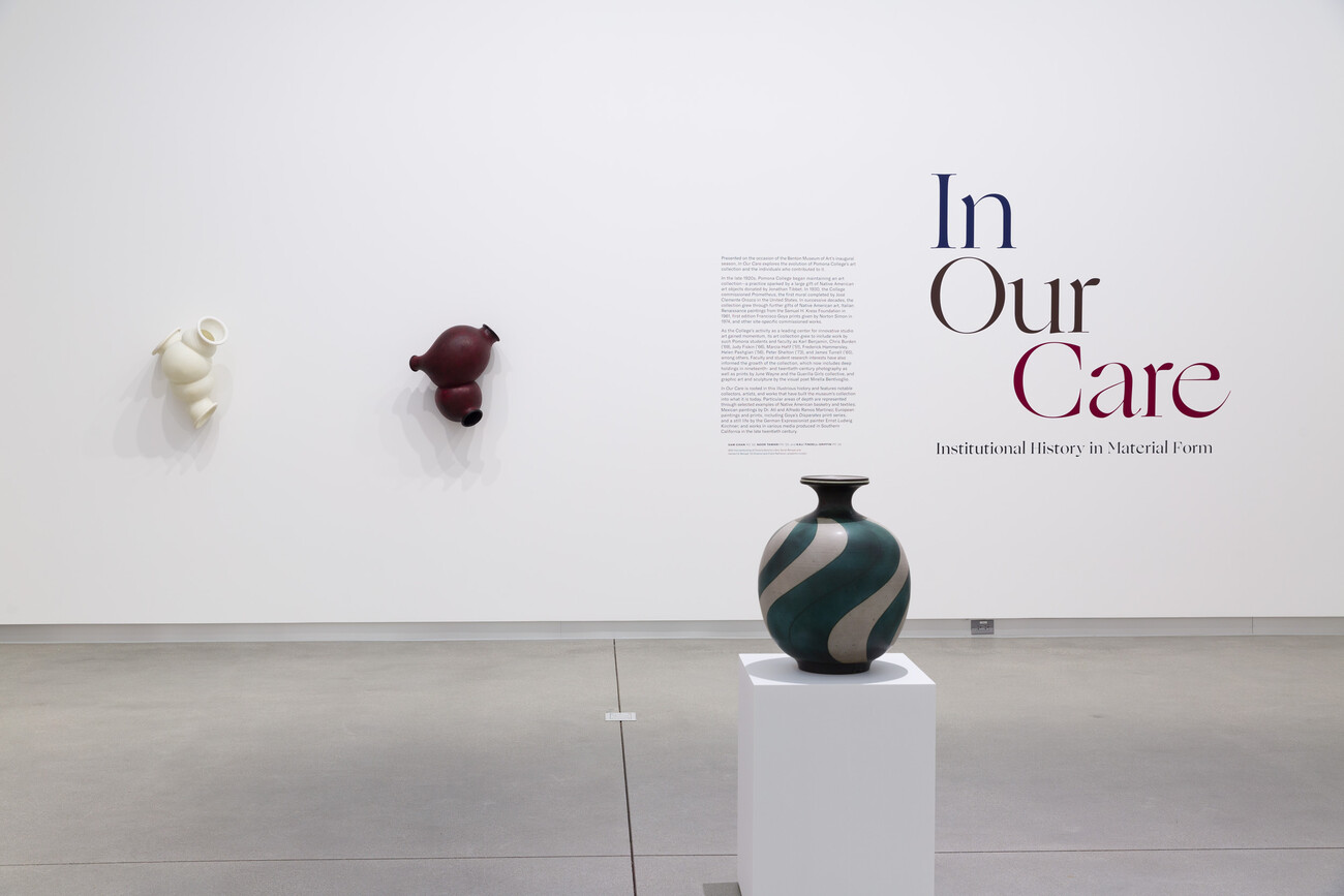 Works of art on pedestals and installed on gallery walls
