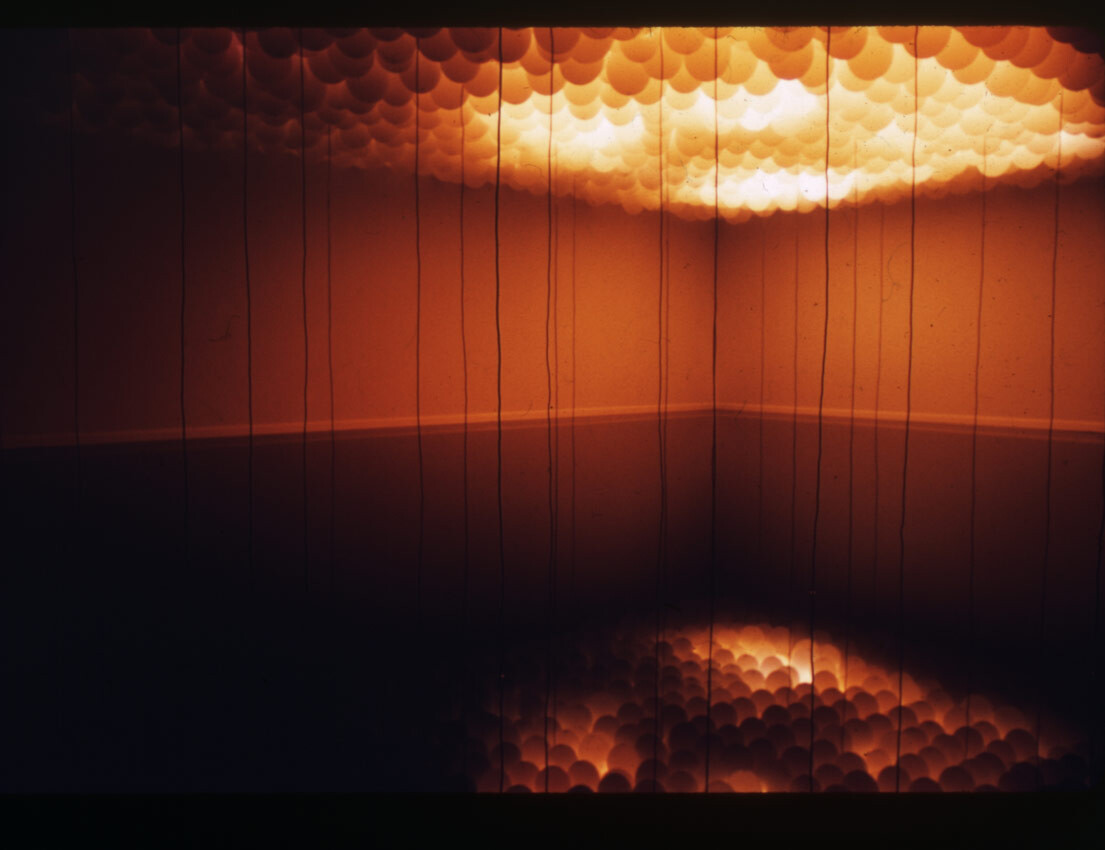 Lloyd Hamrol, Situational Construction for Pomona College, 1969. Balloons, lead wire, plastic sheeting, water, and colored light. Dimensions variable. Hal Glicksman Papers, Getty Research Institute, Los Angeles, 2009.M.5.