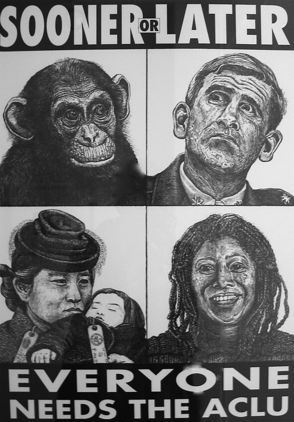 Robbie Conal, Sooner or Later Everyone Needs the ACLU, 1994, Lithograph on paper. Pomona College Collection. Gift of Edward Hamilton and Pat Squires.