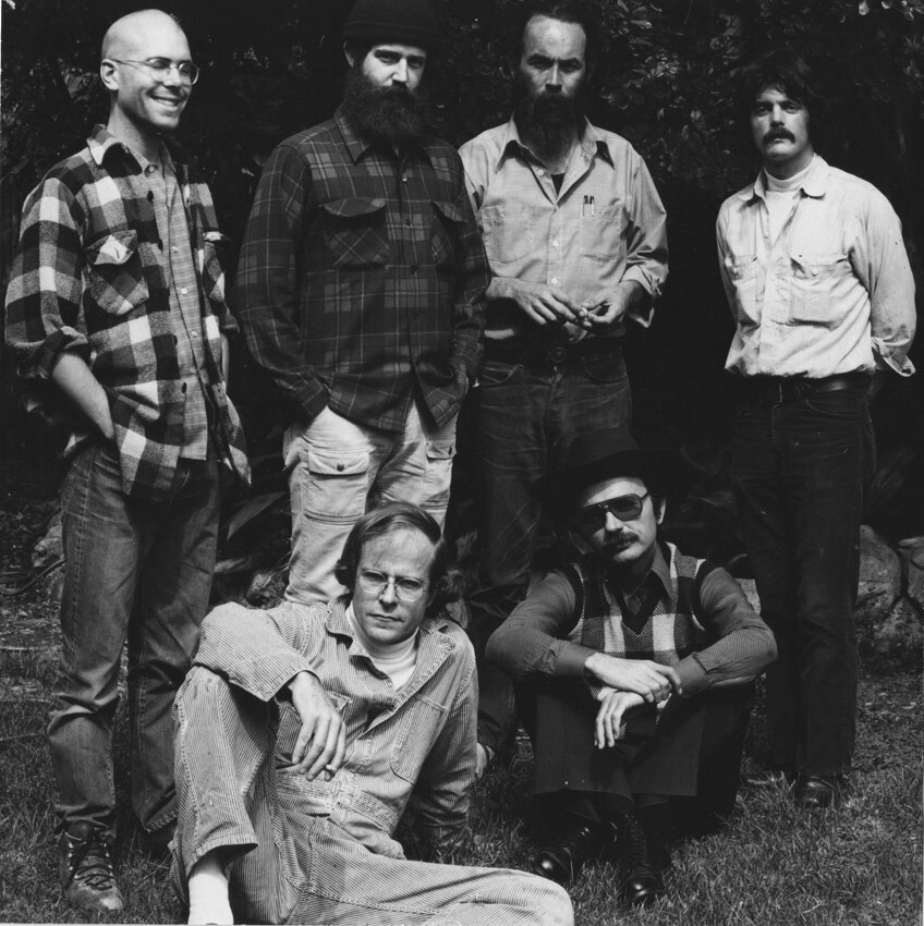 Back row, from left to right: Hap Tivey, James Turrell, Gus Blaisdell, and Lewis Baltz; front row, from left to right: Mowry Baden and Guy Williams; Claremont, 1972. Photograph by Marcy Goodwin with the enlightened guidance of Lewis Baltz. Photograph cour