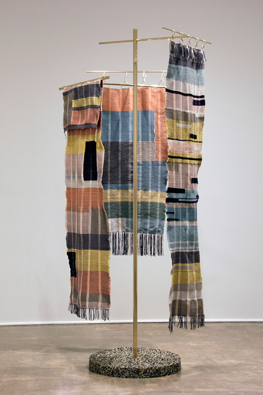 Ret, Scutch, Heckle, 2013 Aluminum, brass, concrete, pebbles, epoxy, cotton, wool, silk, bamboo, natural dye 92 in. high, 48 in. radius