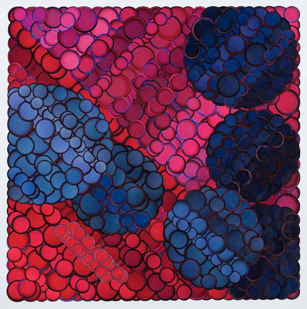Ginny Bishton, De Nada (red, pink, blue), 2009 Photo collage on paper 42 x 42-1/2 inches