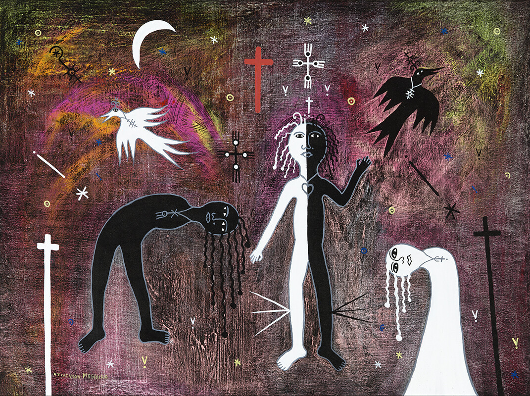 Stivenson Magloire, Divided Spirit, ca. 1989. Acrylic on canvas. "Restoring the Spirit: Celebrating Haitian Art" has been curated by Rima Girnius, originated by the Figge Art Museum, and toured by Curatorial Assistance, Pasadena, California.