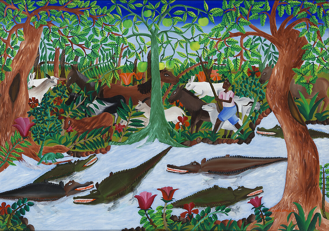 Daniel Orelus, Crocodiles, n.d. Oil on fiberboard. "Restoring the Spirit: Celebrating Haitian Art" has been curated by Rima Birnius, originated by the Figge Art Museum, and toured by Curatorial Assistance, Pasadena, California.