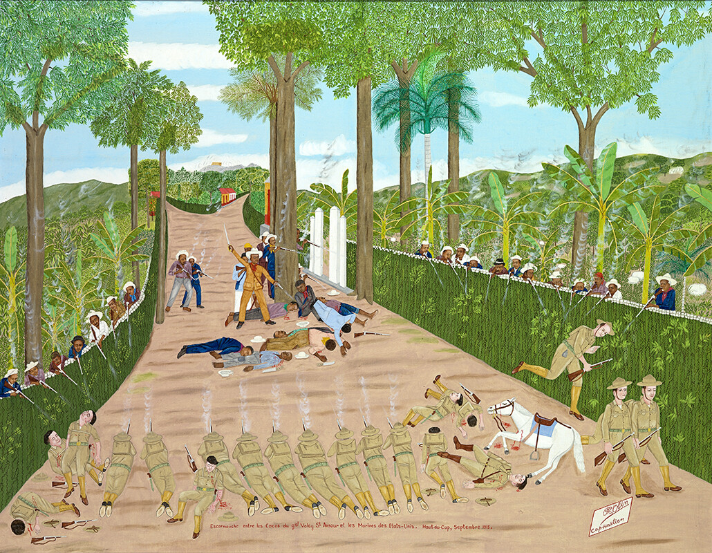Philomé Obin, U.S. Marines versus Guerrillas, 1949. Oil on canvas. "Restoring the Spirit: Celebrating Haitian Art" has been curated by Rima Birnius, originated by the Figge Art Museum, and toured by Curatorial Assistance, Pasadena, California.