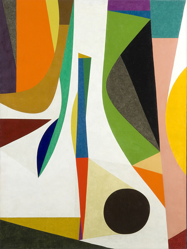 Frederick Hammersley, Up With In, 1957-8, Painting, 48 x 36 in. Pomona College Collection. Museum purchase with funds provided by the Estate of Walter and Elise Mosher
