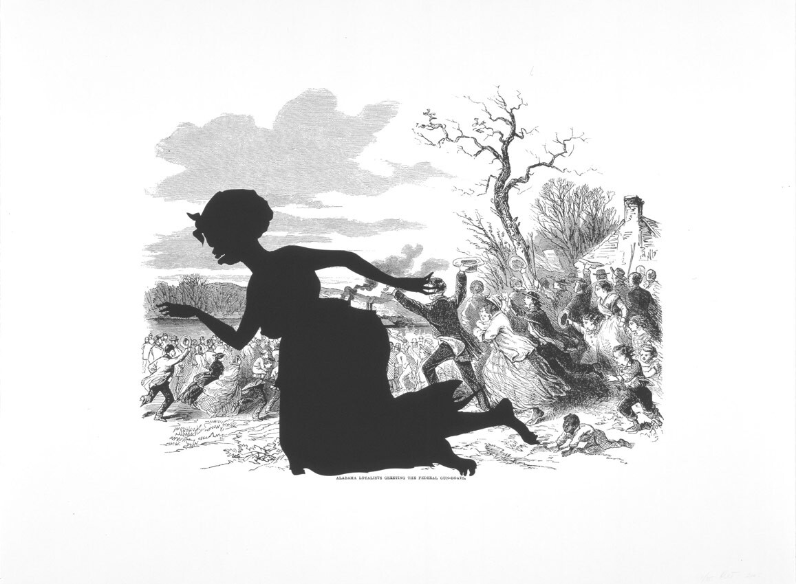 Kara Walker, Alabama Loyalists Greeting the Federal Gun-Boats, 2005, Lithograph and screenprint on paper, Pomona College Collection, Museum purchase with funds provided by the Estate of Walter and Elise Mosher