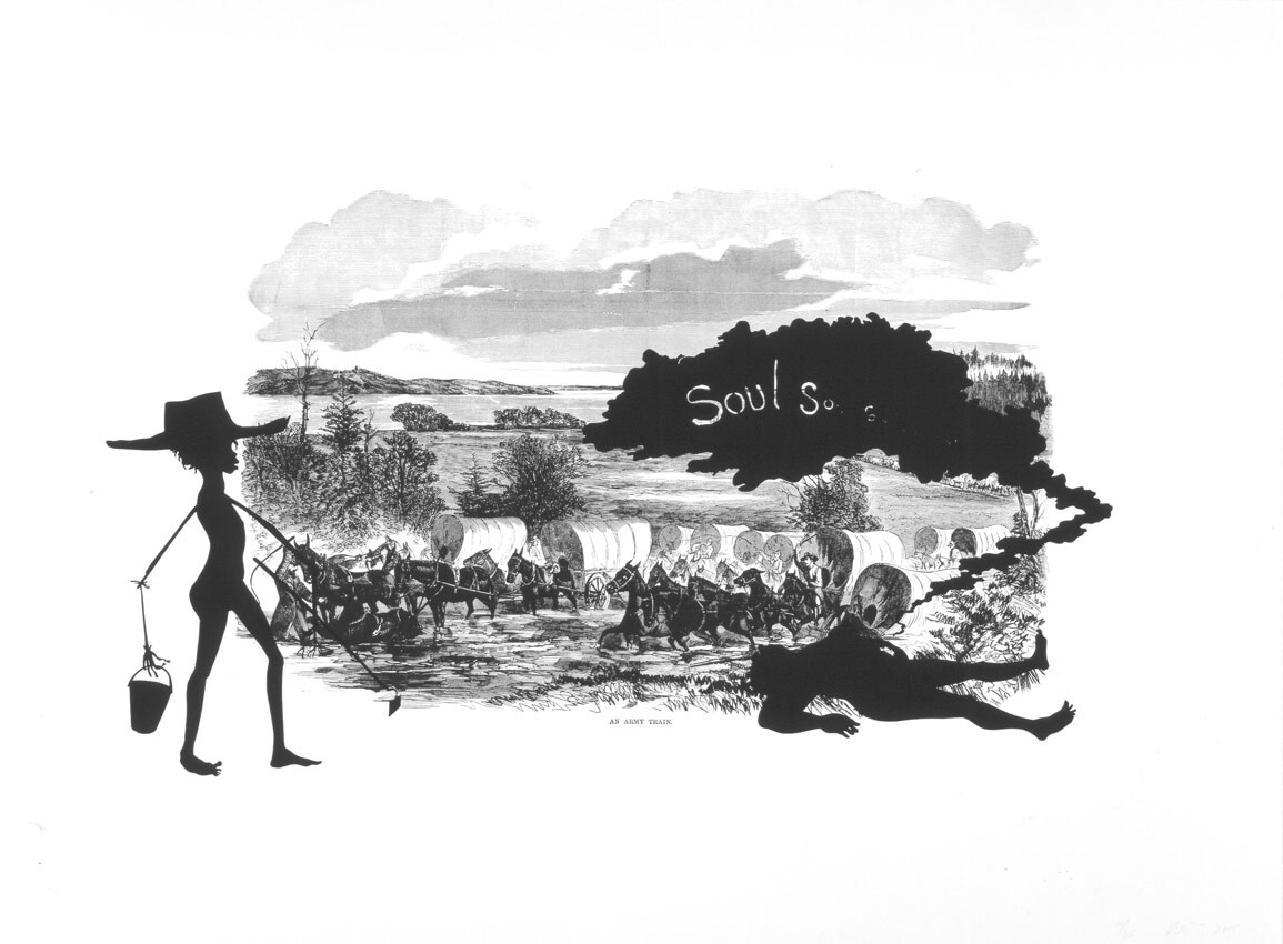 Kara Walker, An Army Train, 2005, Lithograph and screenprint on paper, Pomona College Collection, Museum purchase with funds provided by the Estate of Walter and Elise Mosher