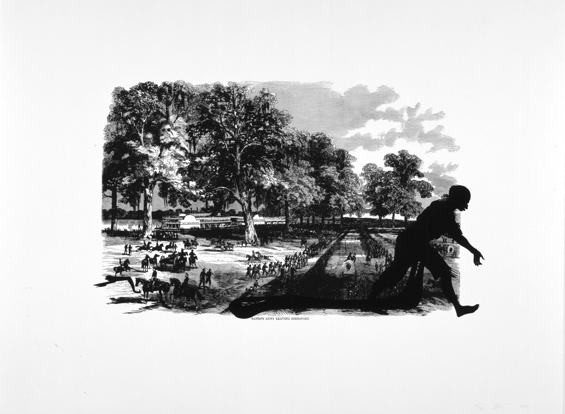 Kara Walker, Banks Army Leaving Simmsport, 2005, Lithograph and screenprint on paper, Pomona College Collection, Museum purchase with funds provided by the Estate of Walter and Elise Mosher
