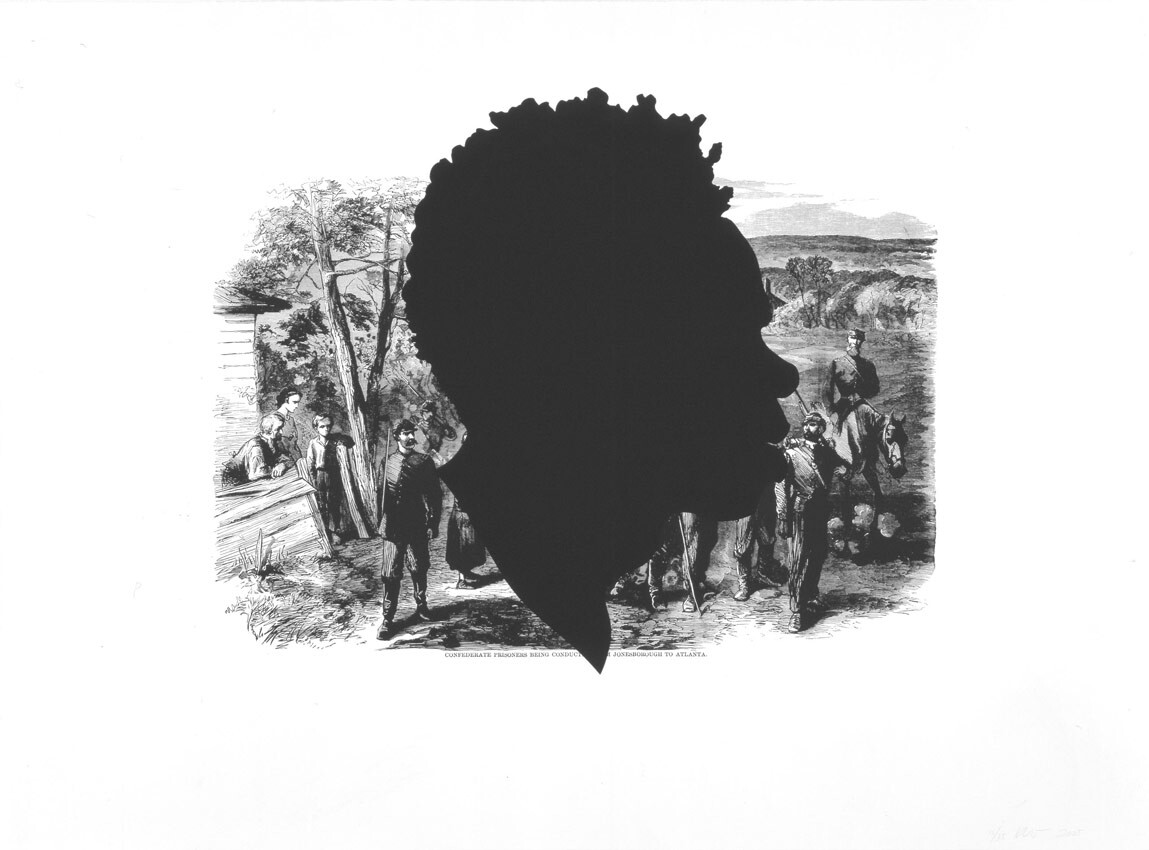 Kara Walker, Confederate Prisoners Being Conducted From Jonesborough to Atlanta, 2005, Lithograph and screenprint on paper, Pomona College Collection, Museum purchase with funds provided by the Estate of Walter and Elise Mosher