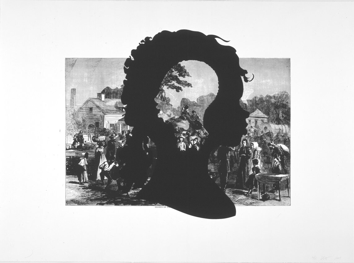Kara Walker, Exodus (double profile), 2005, Lithograph and screenprint on paper, Pomona College Collection, Museum purchase with funds provided by the Estate of Walter and Elise Mosher