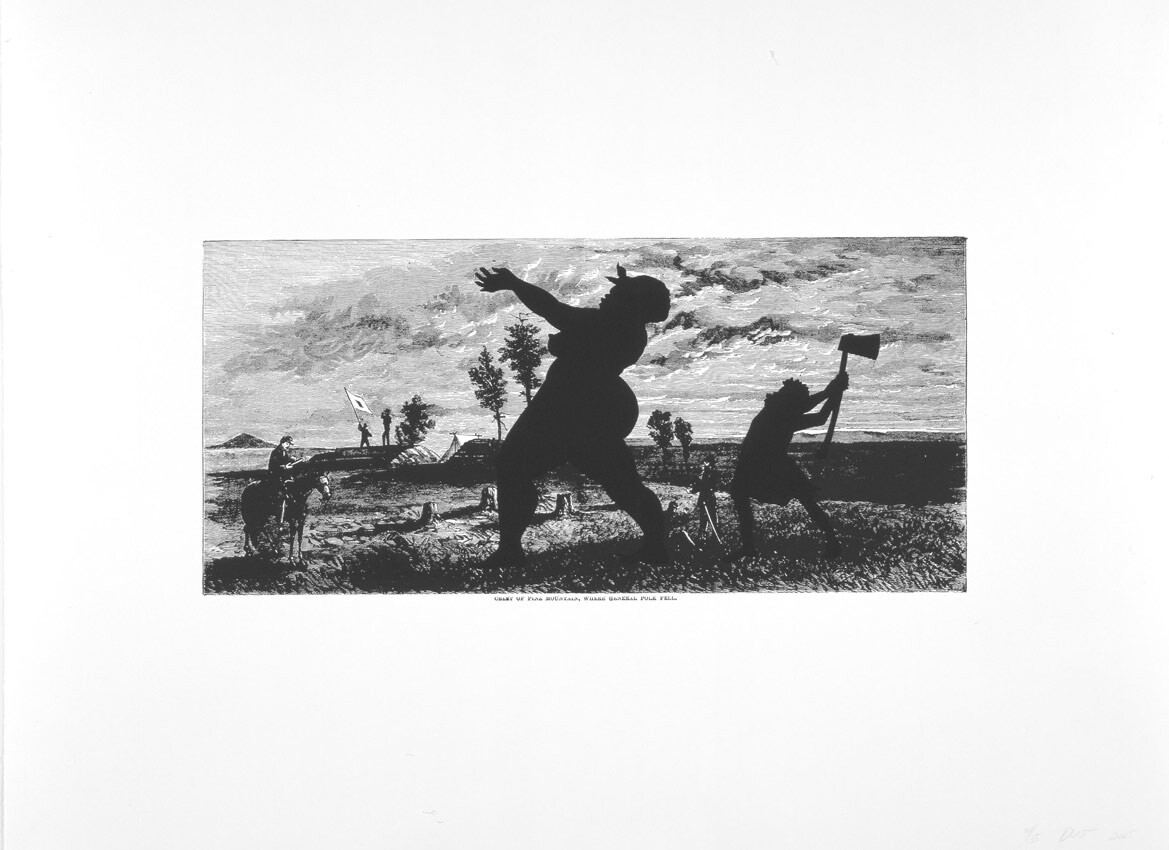 Kara Walker, Crest of Pine Mountain, Where General Polk Fell, 2005, Lithograph and screenprint on paper, Pomona College Collection, Museum purchase with funds provided by the Estate of Walter and Elise Mosher