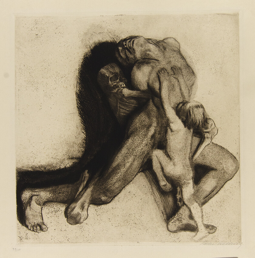 Käthe Kollwitz, Tod and Frau (Death Seizing a Woman), 1910, 17 1/2 x 17 in. Etching on paper. Pomona College Collection. Gift of the Culley Collection