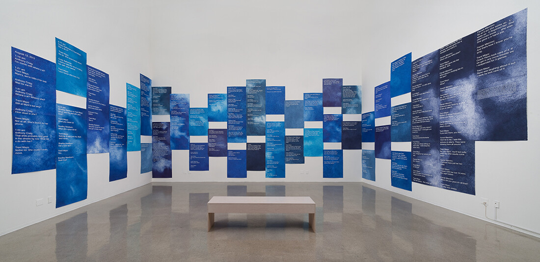 Andrea Bowers. Installation view and detail of Courtroom Drawings (Steubenville Rape Case, Text Messages Entered As Evidence, 2013), 2014 from Andrea Bowers: #sweetjane, at The Pomona College Museum of Art, Claremont CA, January 21 - Apr