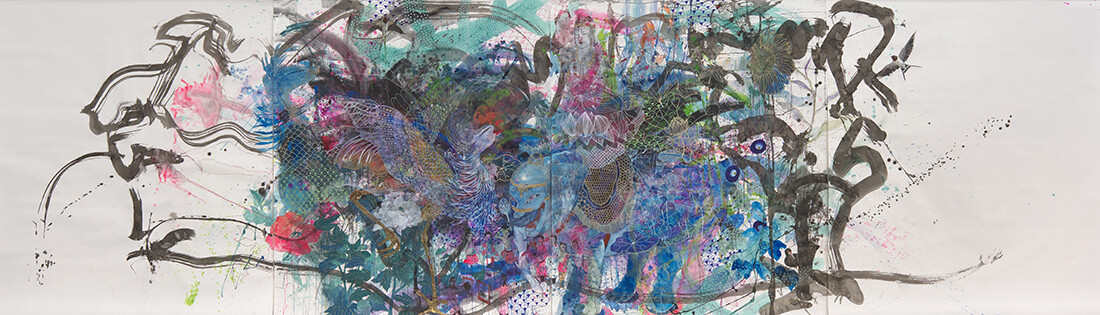 Wakana Kimura, One trifle-beset night, t’was the moon, not I, that saw the pond lotus bloom, 2015, watercolor, Sumi ink, marker, acrylic color, venial color on Washi paper (Daitoku roll, machine made in Fukui Prefecture, Japan, Hiromi Paper Inc. 98 x 308