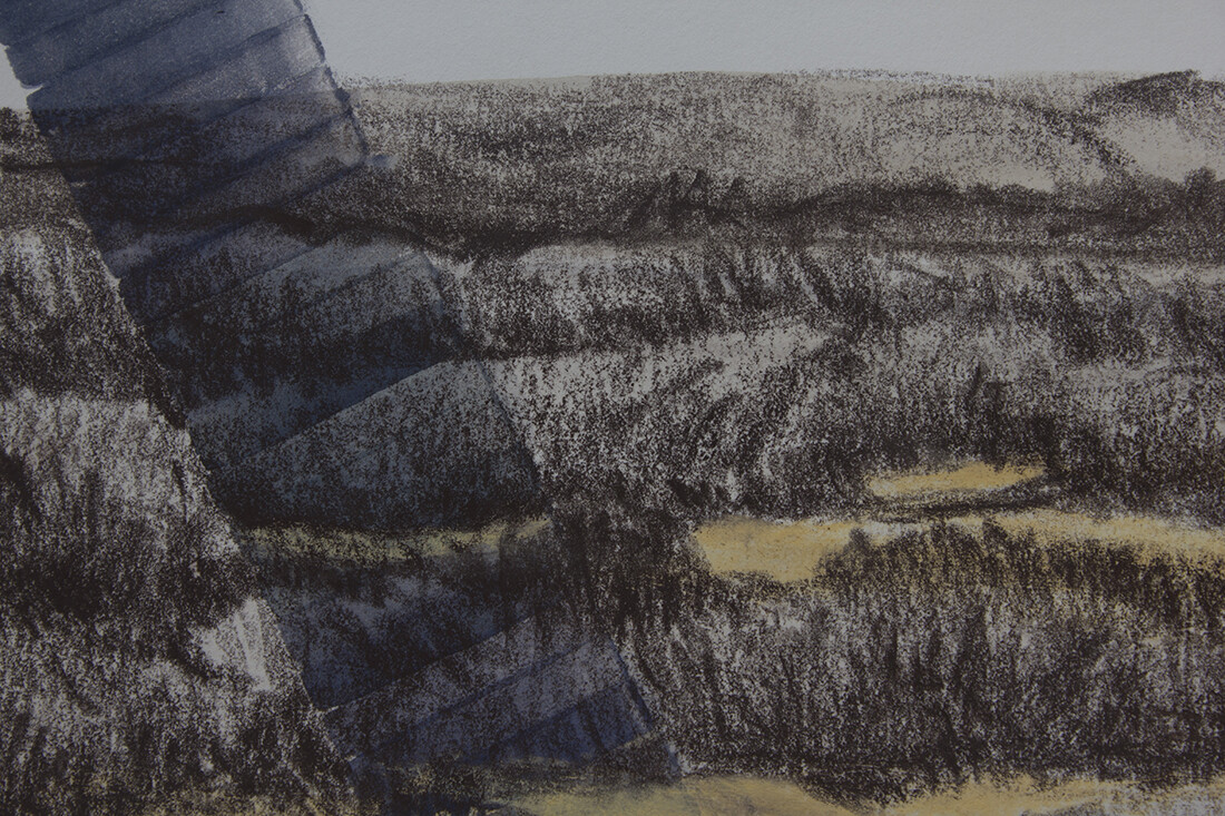 Joaquín Estrada, I made it to the border and back. Maybe not exactly whole, but certainly not broken, Part 1, 2014, watercolor, colored pencil stick, Conté crayon, and chalk pastel, 60" x 44"