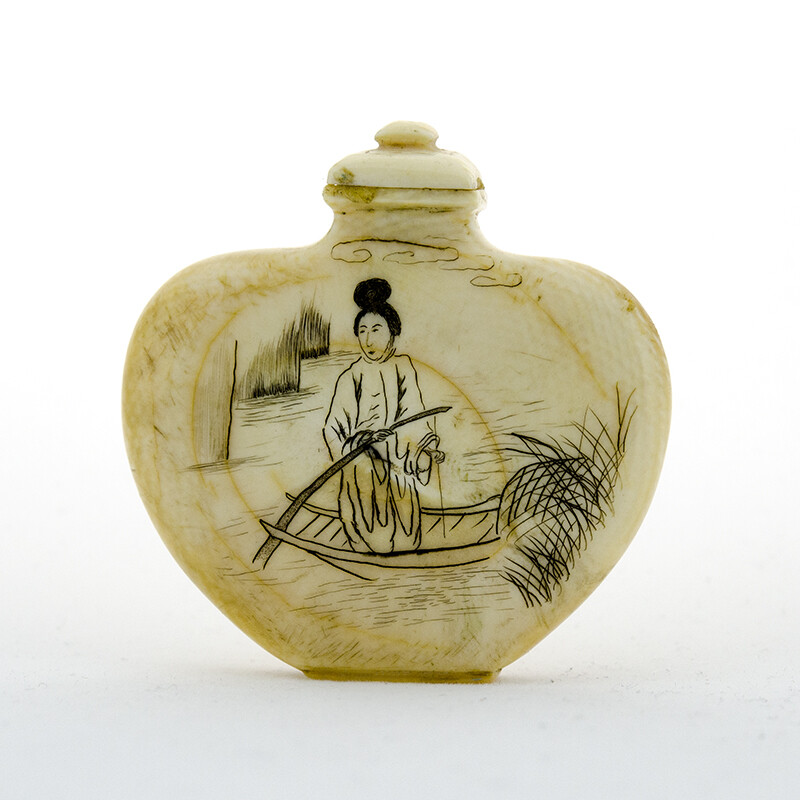 Snuff bottle, n.d., ivory, 2 1/8 x 2 3/8 in. Pomona College Collection. Gift of Clinton N. Laird
