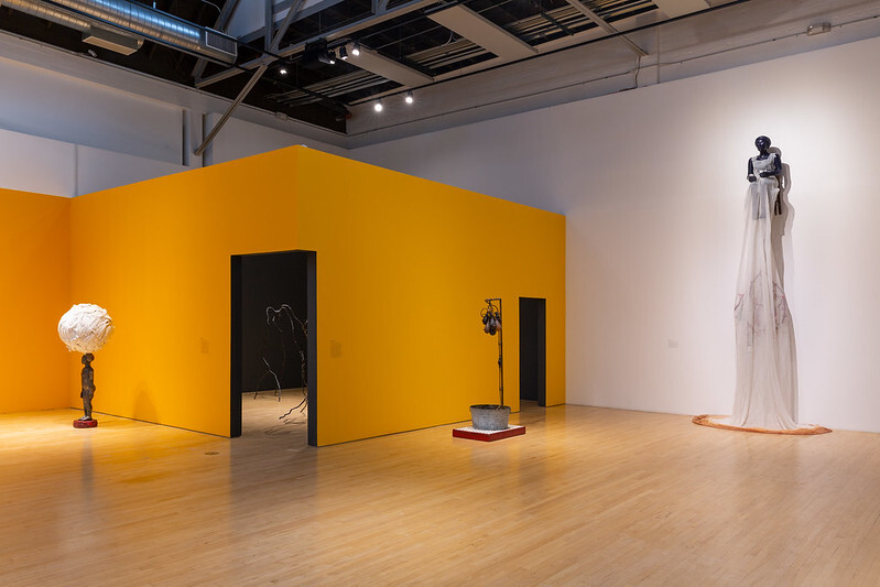 Art gallery with sculptural works on display