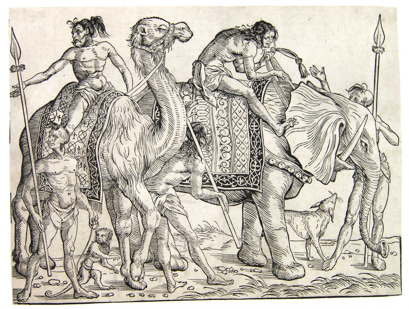 an etching of people on a camel and an elephant with spears