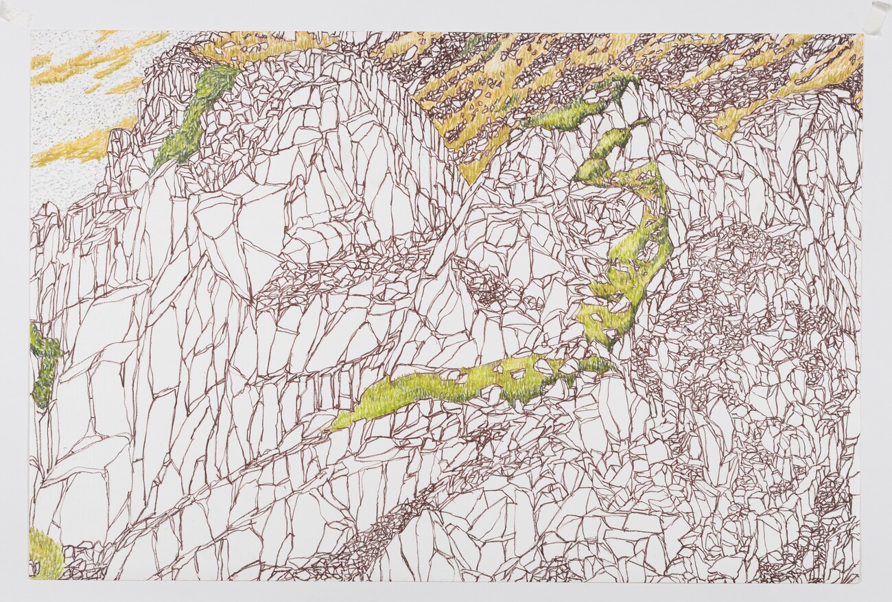 drawing of mountainscaape in red green and yellow