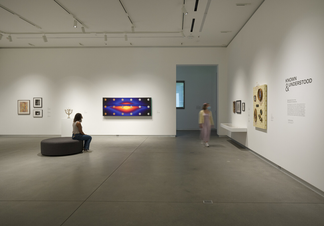 artworks installed on gallery walls with visitors