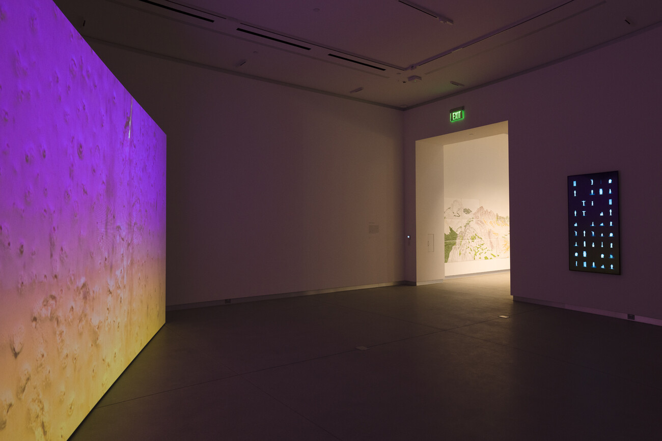 dark room with big purple and yellow screen