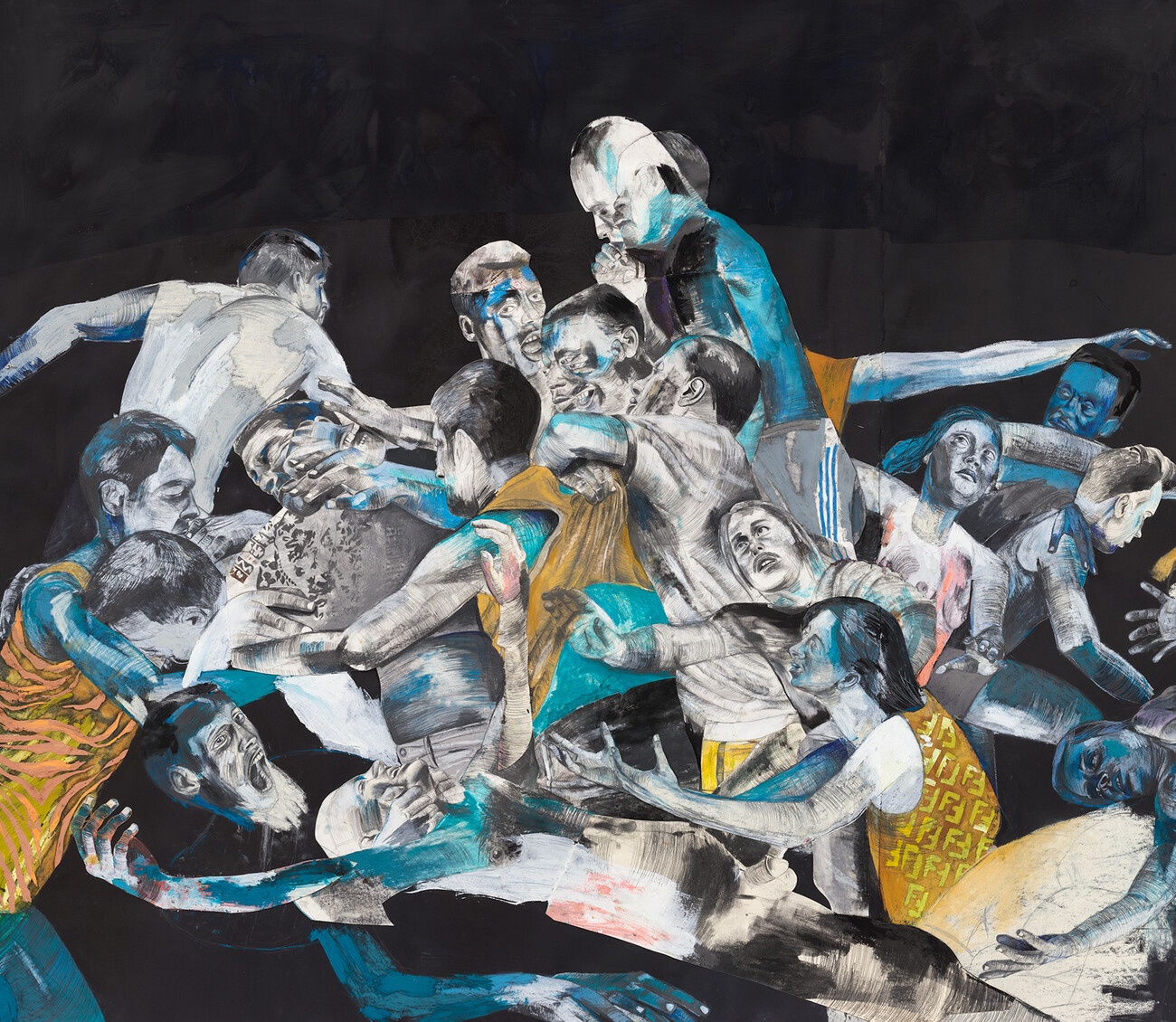 collage in blue and black of many people