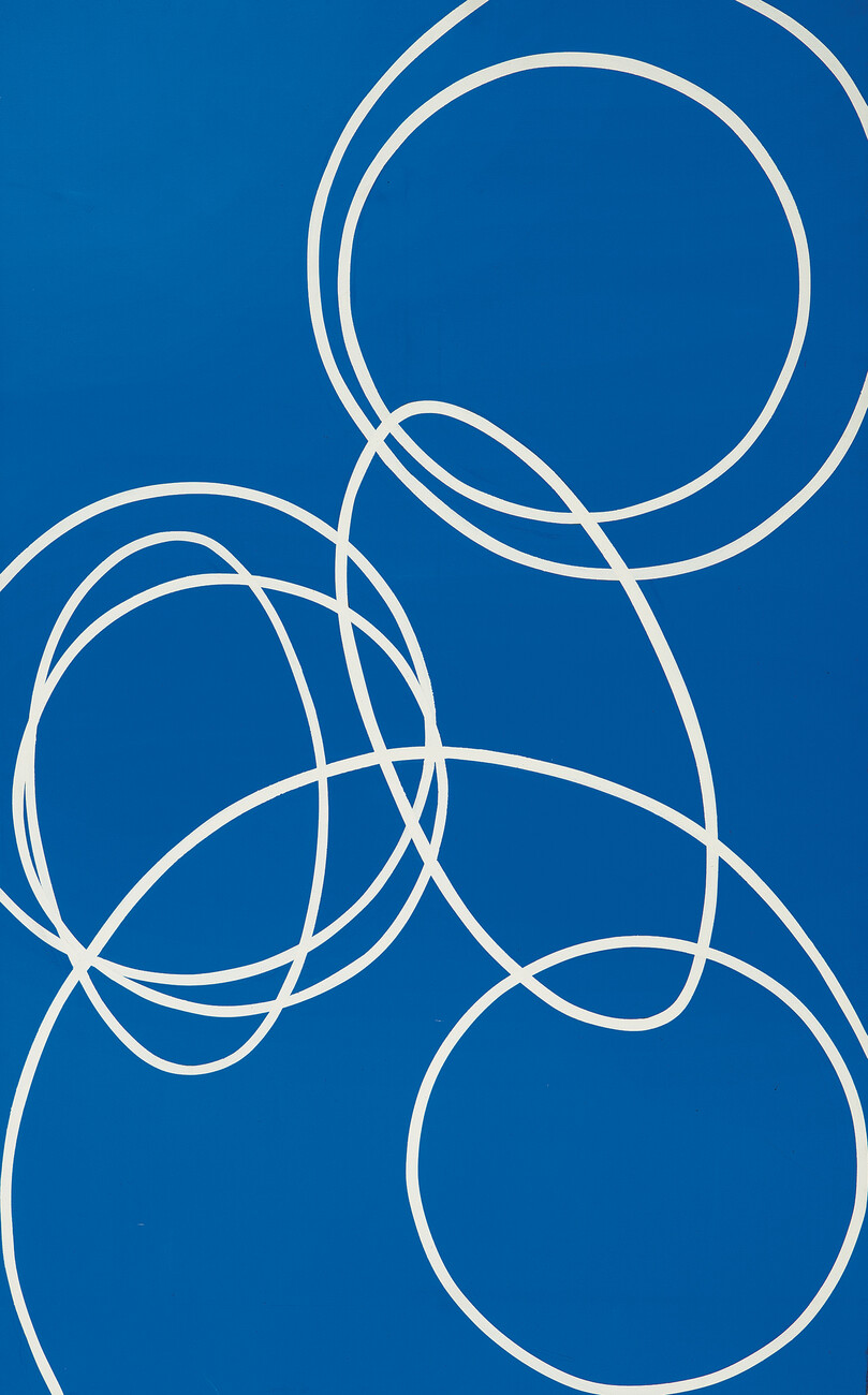 blue painting with white circles