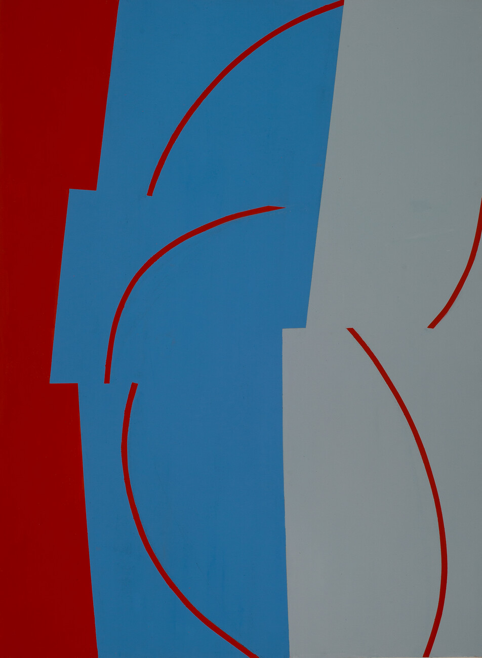 painting with red, blue, and grey with a few red curving lines