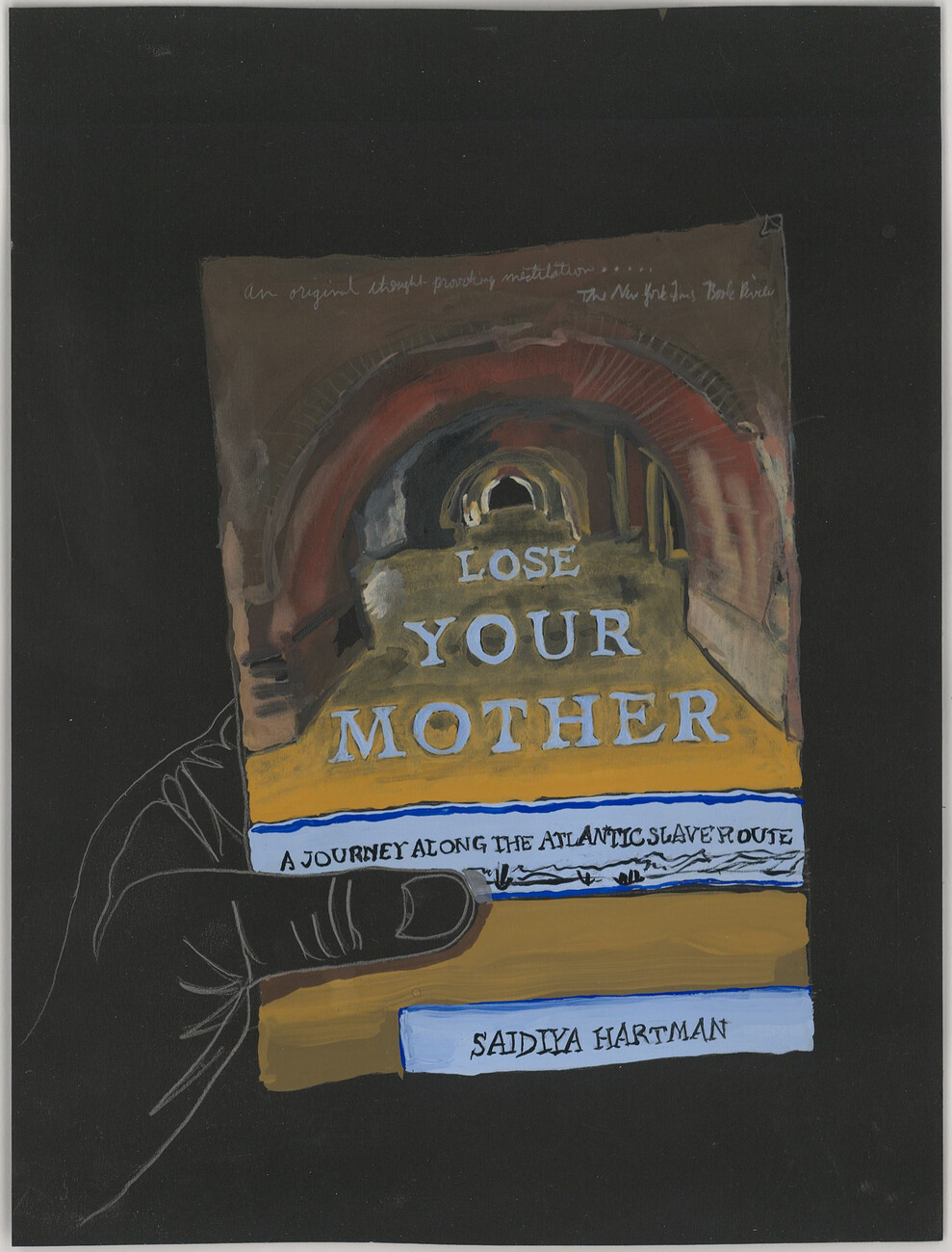 black background, hand holding yellow and brown book