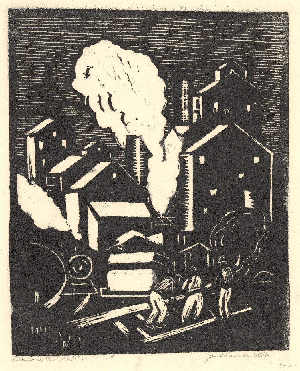 etching of houses and train