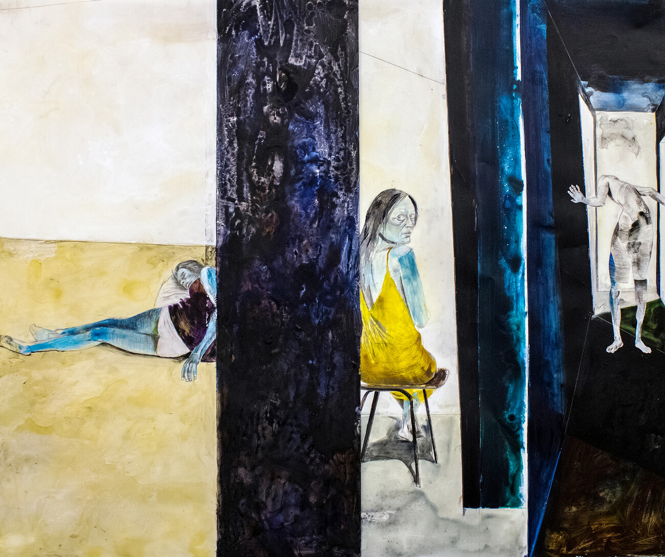 painting with blue stripes and figures