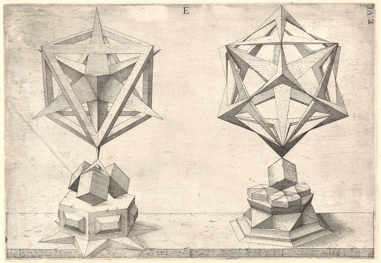 etching of two geometric shapes from different perspectives