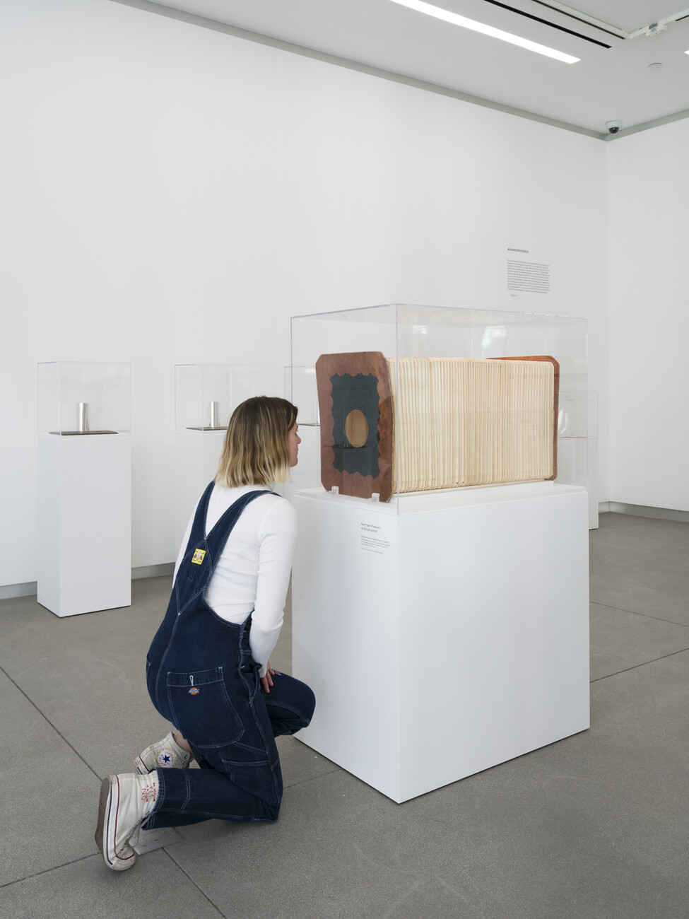 person crouched down looking at an accordion like object