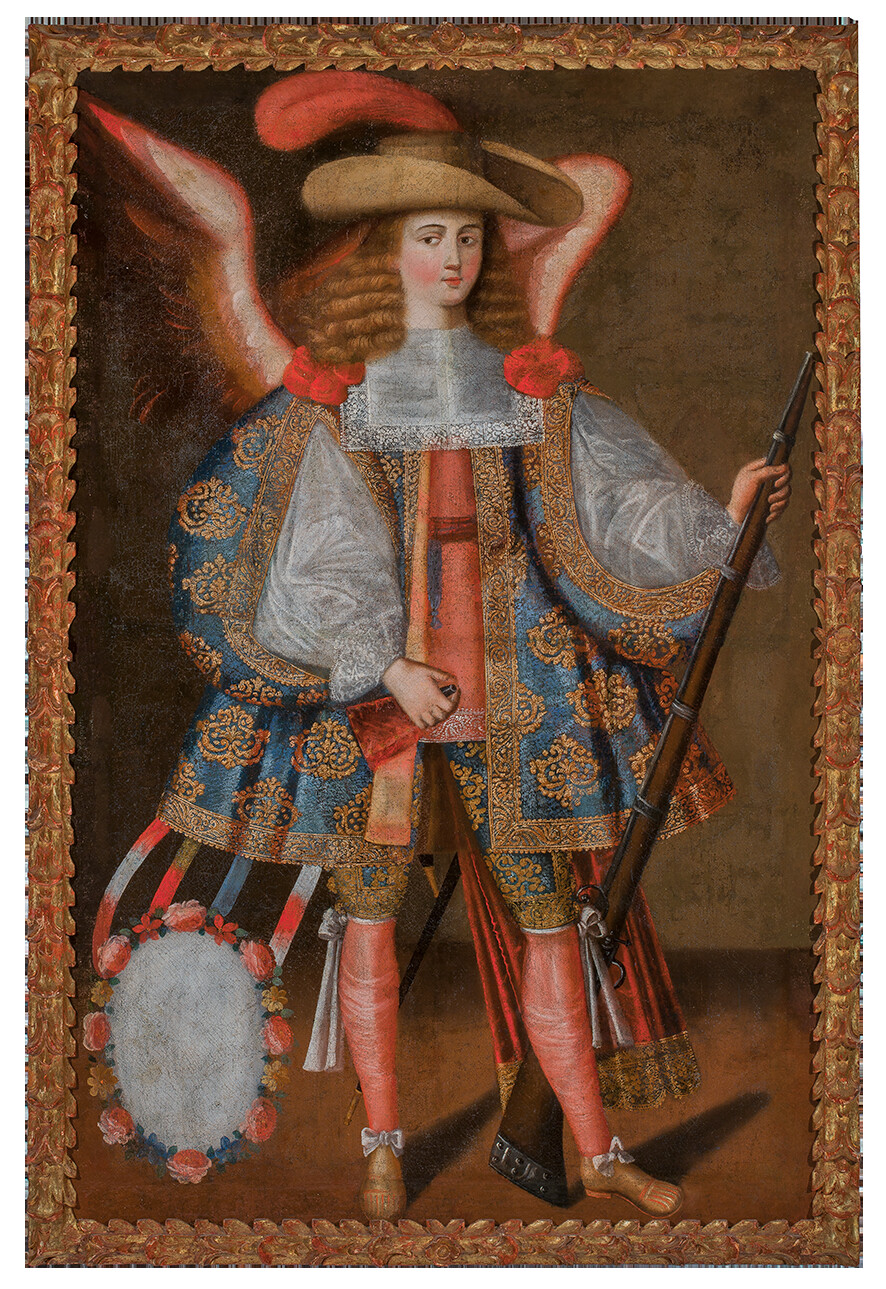 angel wearing hat and elaborate dress holding gun.